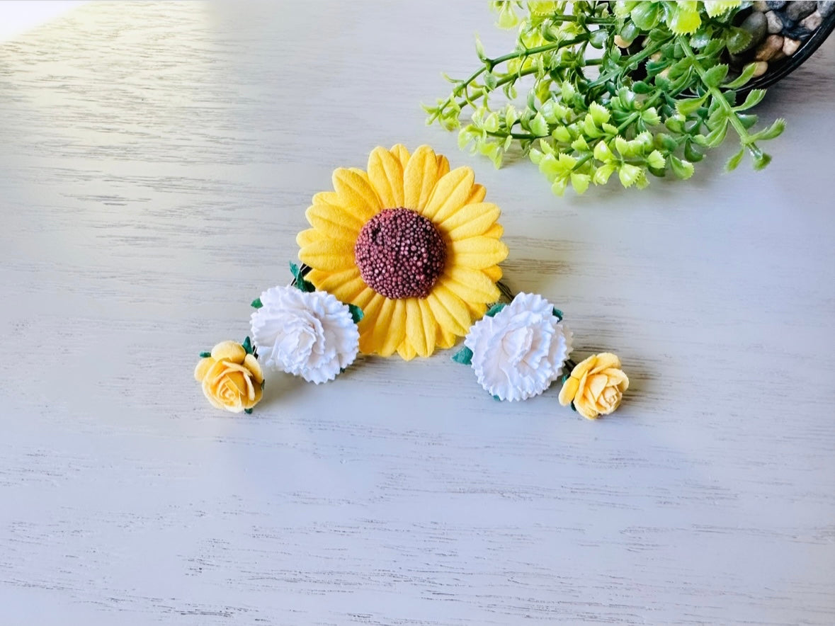 Yellow Flower Hair Pin Set, Yellow Sunflower Bobby Pin with White Carnation + Yellow Rose  Hair Flowers, Sunny Handmade Hair Accessories