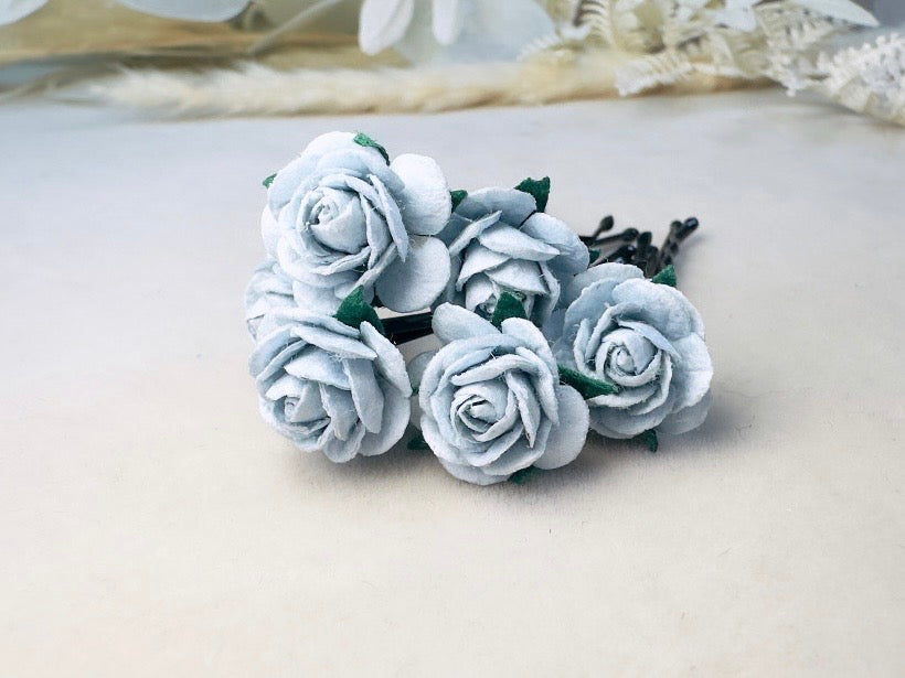 Ice Blue Flower Hair Pins, Handmade Mulberry Paper Rose Bridal Bobby Pins