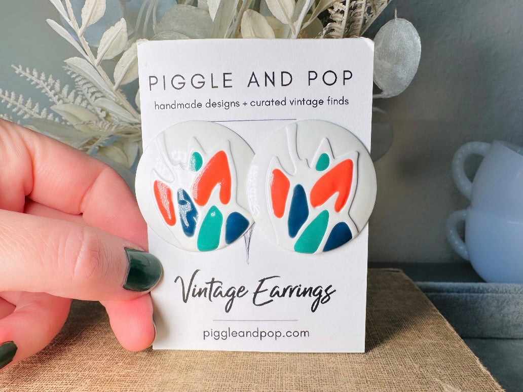 Teal Orange Blue and White Oversized Geometric Enamel Earrings, Fun 1980's Vintage Earrings, Colorful Interesting Retro Painted Earrings