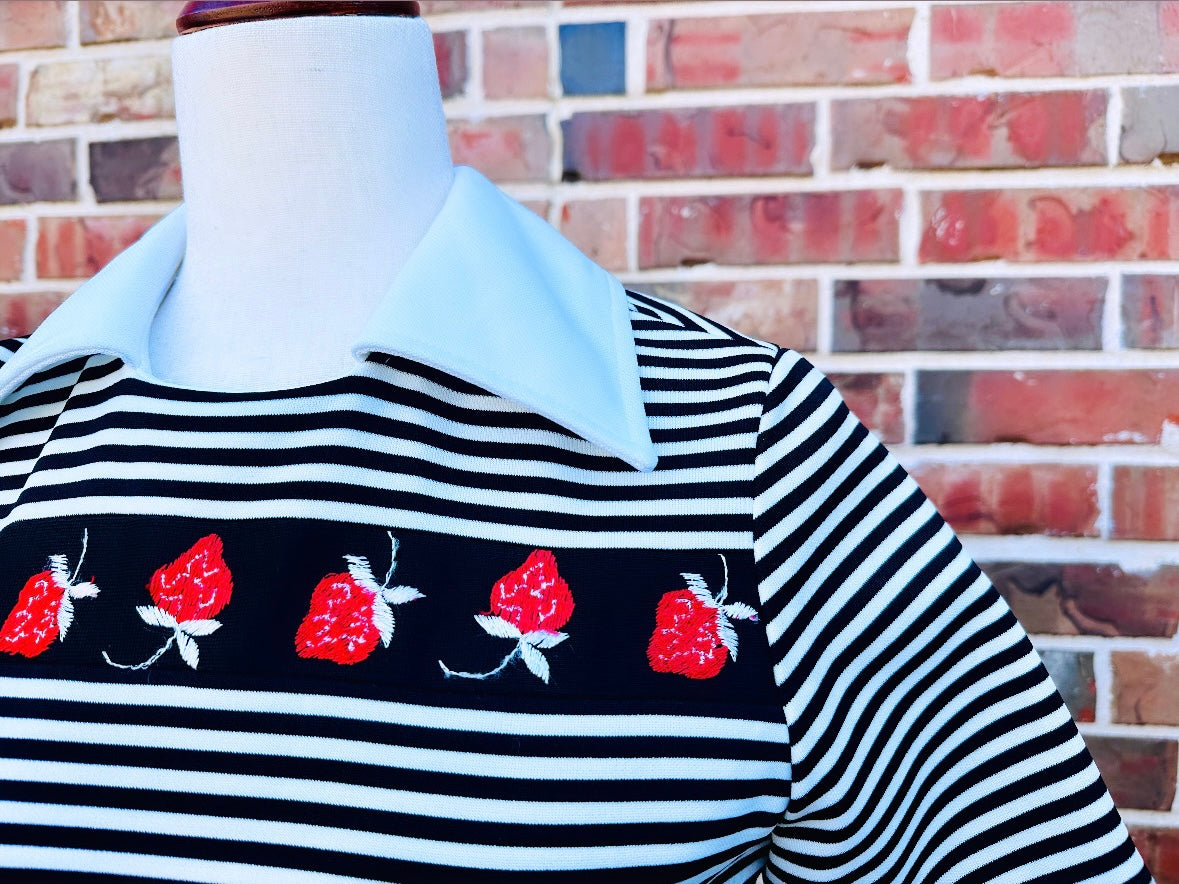 Vintage 1970s Strawberry Dress, Adorable Black + White Striped Collared A-Line Midi Dress with Red Strawberries, True 1970s Mod Shift Dress at Piggle and Pop