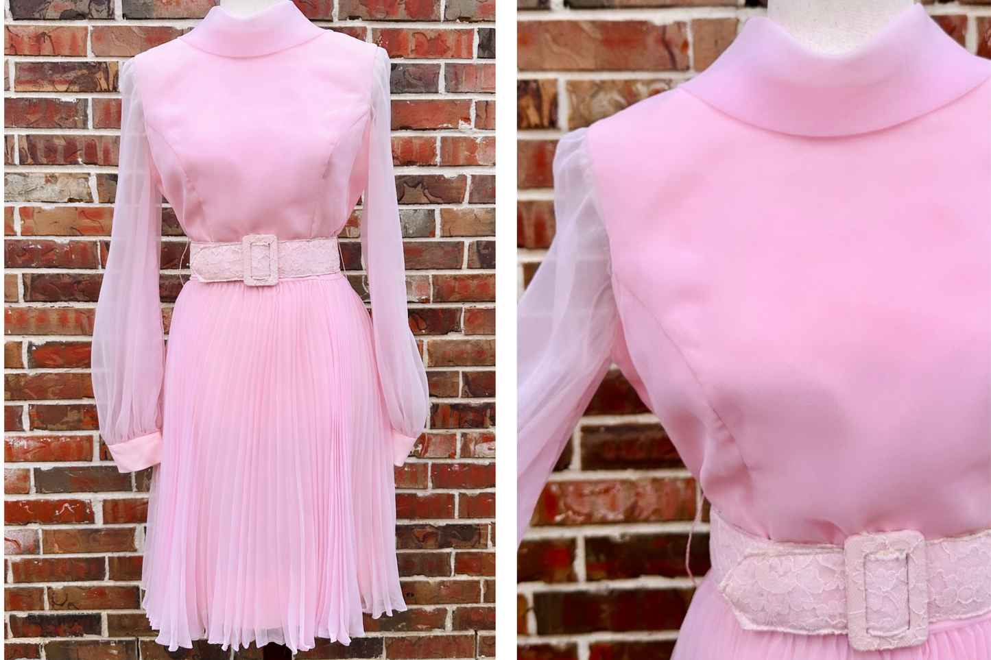 Cotton Candy Pink Vintage 60s Party Dress,  Gorgeous True VTG Chiffon Dress w Poets Sleeve & Lace Belt, Accordion Pleated Skirt Size Small