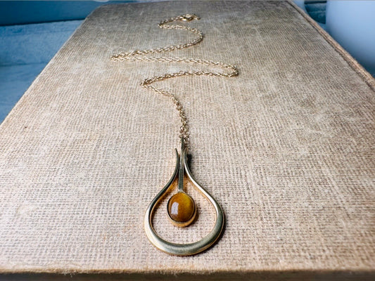 Vintage Genuine Tigers Eye 14k Gold Pendulum Necklace