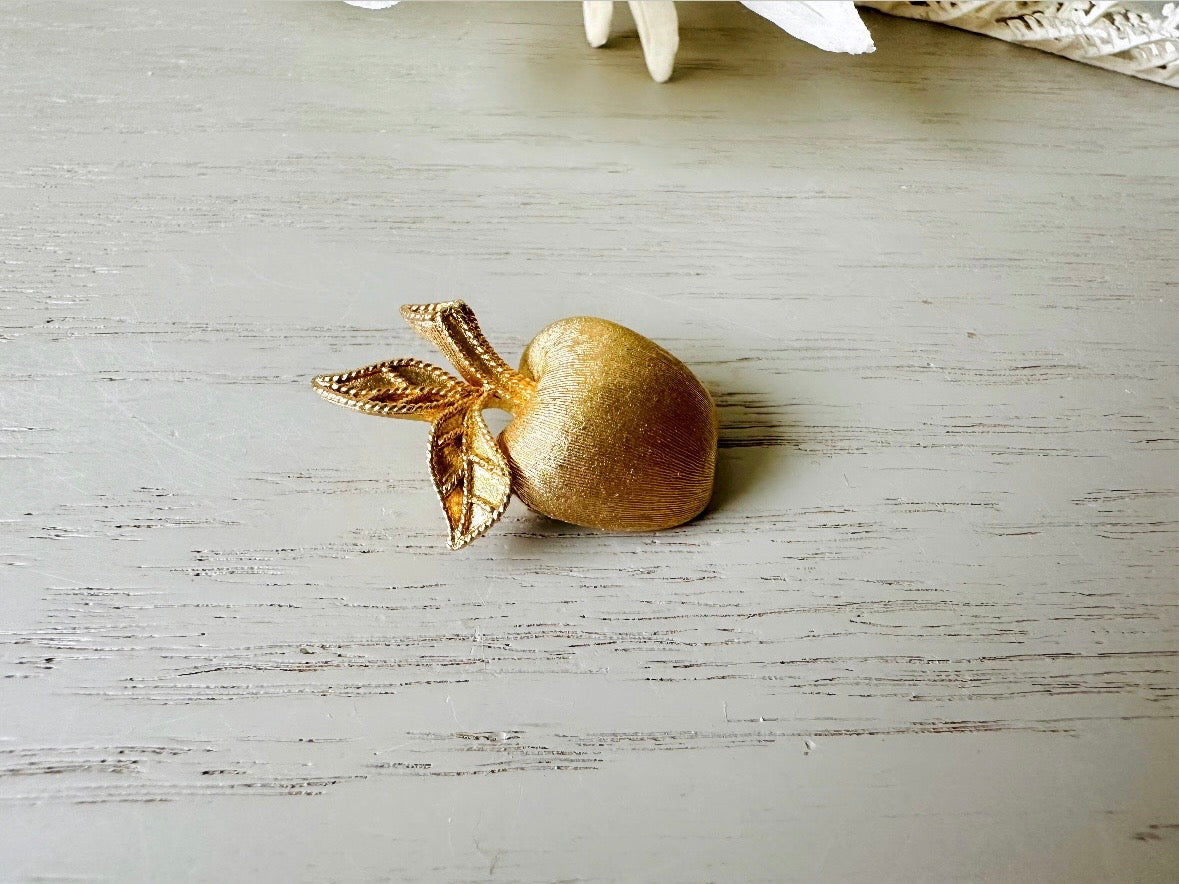 Gold Apple Brooch, 1974 Gilded Apple Vintage Brooch, Brushed Gold Understated Pin, Pretty Teacher Gift Back to School, Quirky Cute Fruit Pin