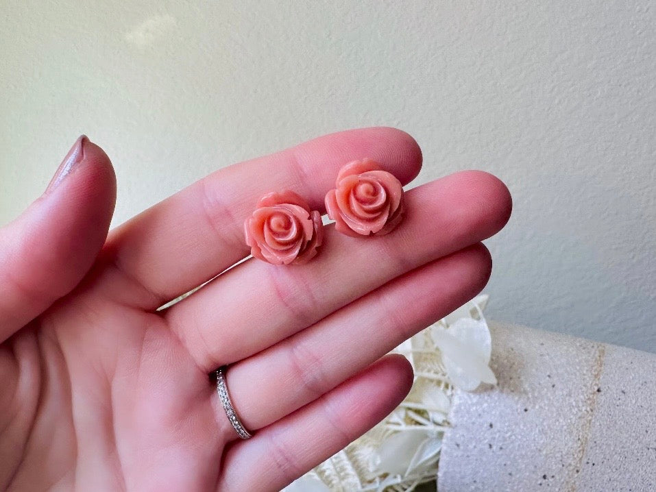 Coral Pink Rose Earrings, Large Rose Stud Earrings, Resin Cabochon Rosettes Hypoallergenic Surgical Steel Handmade Earrings Sensitive Ears