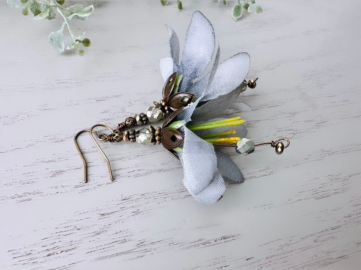 Slate Grey Flower Earrings with Sage Green and   Pyrite Crystals, Handmade Whimsical Fabric Flower Lightweight Garden Faerie Earrings