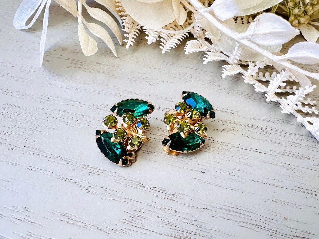 Emerald and Olive Vintage Rhinestone Earrings, Vintage 1960's Emerald Crystal Clip On Earrings, Unique Shape Marquis Navette Glam Jewelry