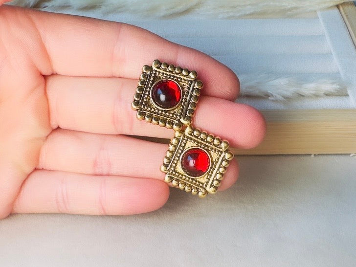 Red Gripoix Earrings, Vintage 1928 Post Earrings, Embossed Gold Square Earrings with Glowing Red Cabochons
