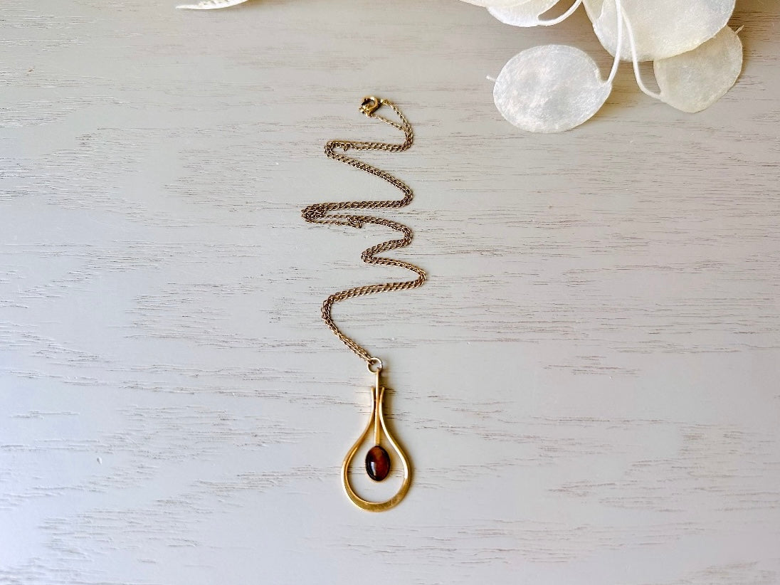 Vintage Tiger's Eye Pendulum Necklace, VTG 14k Gold Filled Gemstone Door Knocker Pendant Necklace, Dainty Unique Necklace