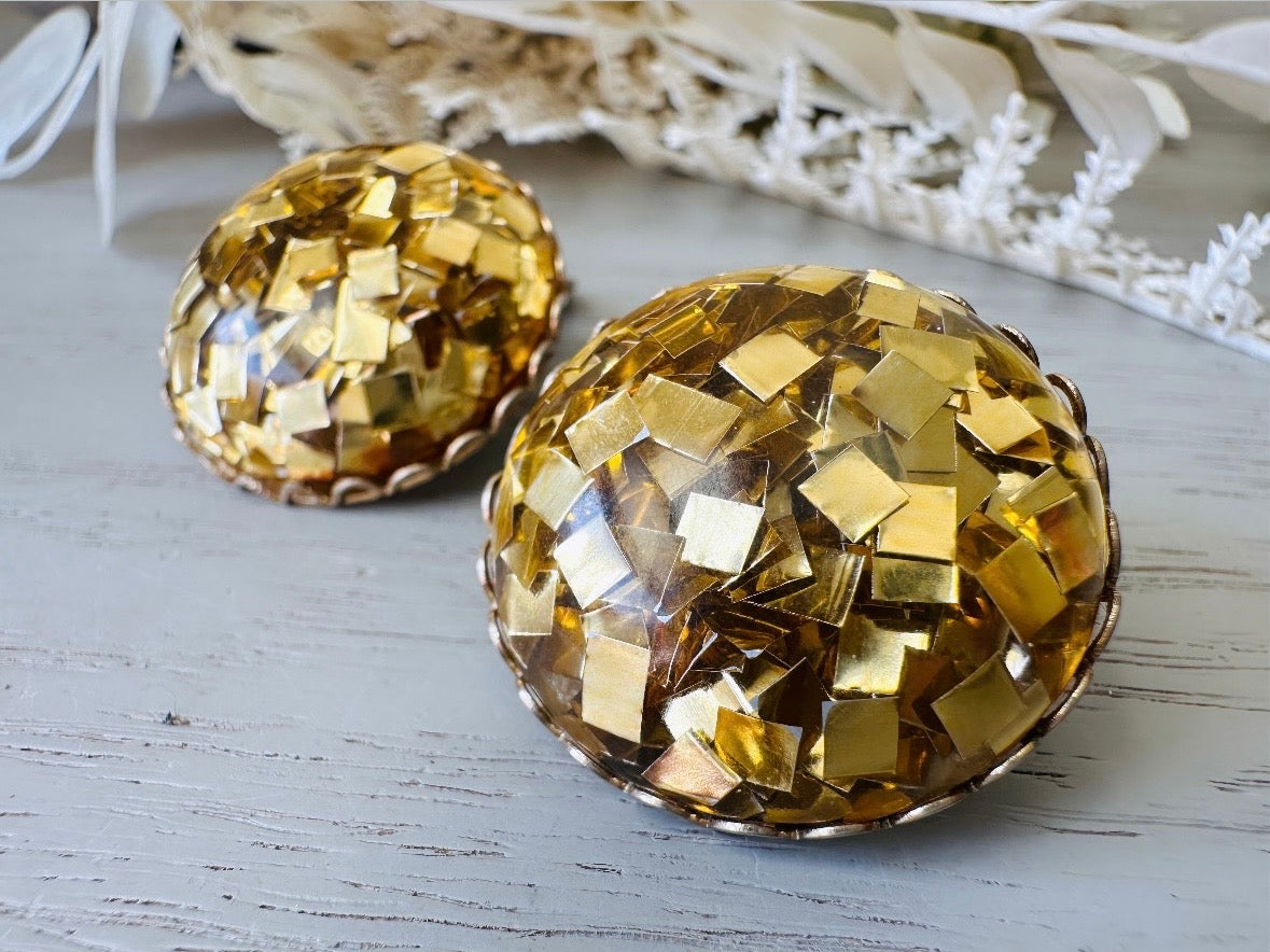 Gold Confetti Earrings, Sparkling Gold Foil Party Earrings, Fun Vintage Confetti Earrings, Clip On Gold Foil Glitter Earrings