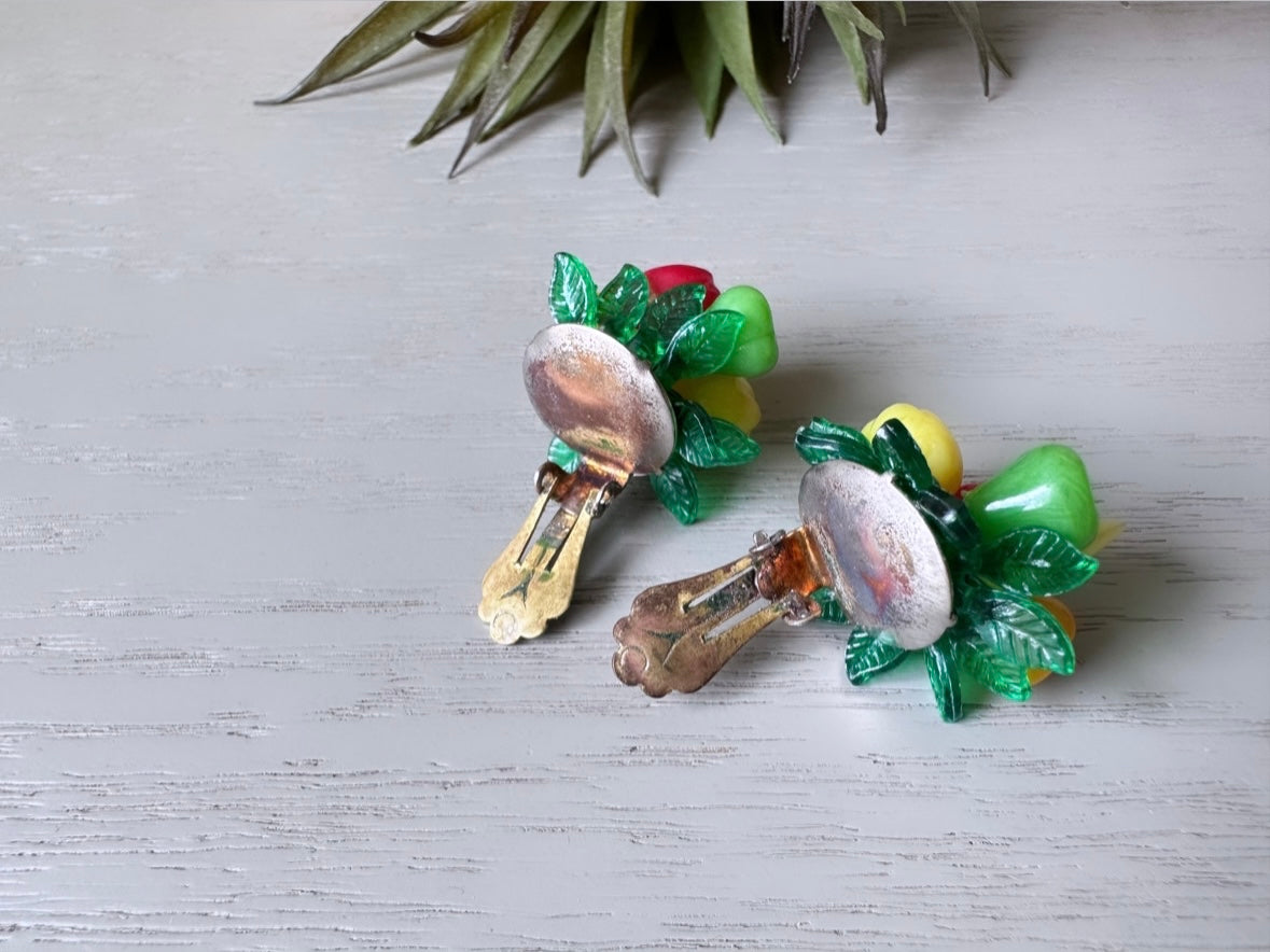 Fruit Salad Earrings, Iconic Carmen Miranda Style Fruit Earrings, Vintage Hong Kong Clip on Earrings, Acrylic and Glass Fruit Bowl Earring