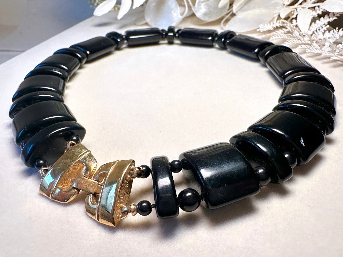 Vintage Black Monet Necklace, Runway Couture Jet Black Lucite Beaded Necklace w Stunning Gold Clasp, Rare Signed Designer Vintage Necklace