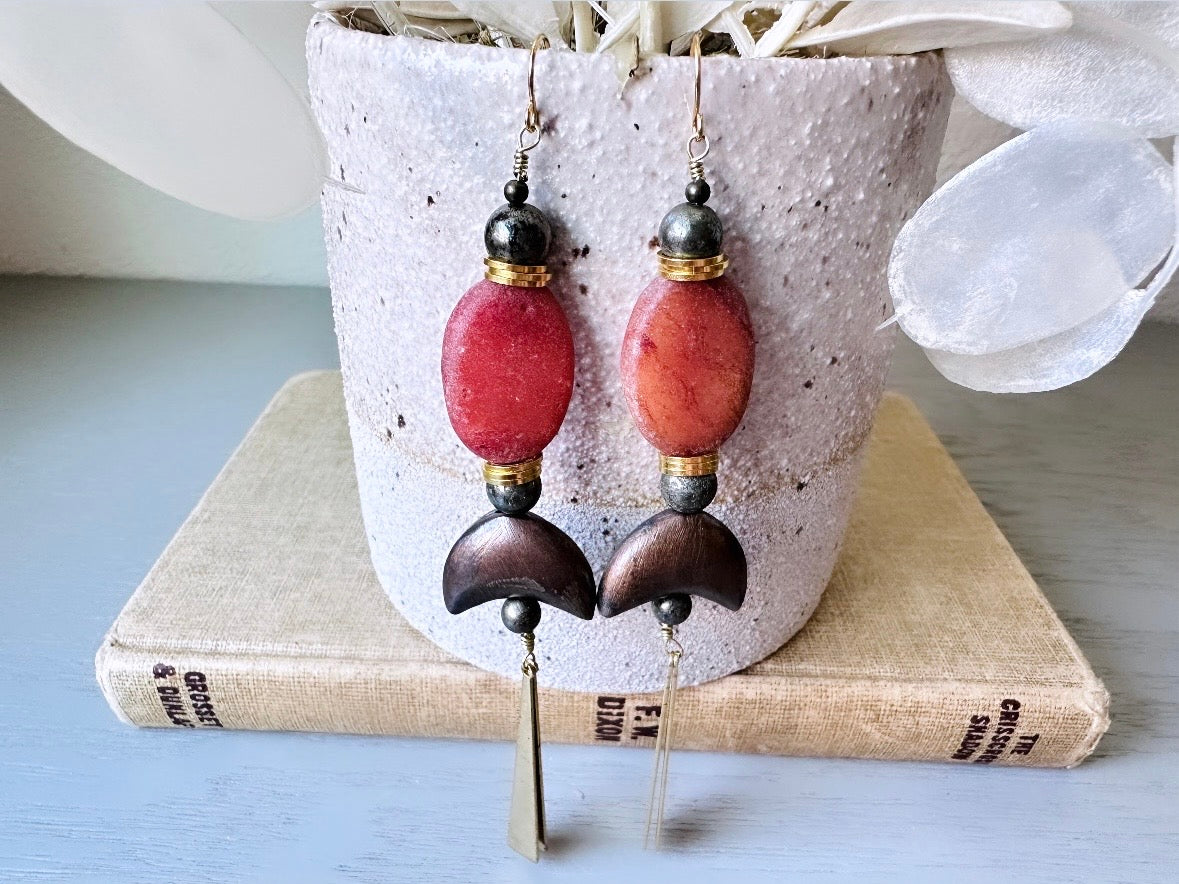 Handmade Stone Earrings, Extra Long Earthy Boho Duster Earrings, Unique Red Stone & Pyrite Orbs with Moon and Brass Dagger Charms