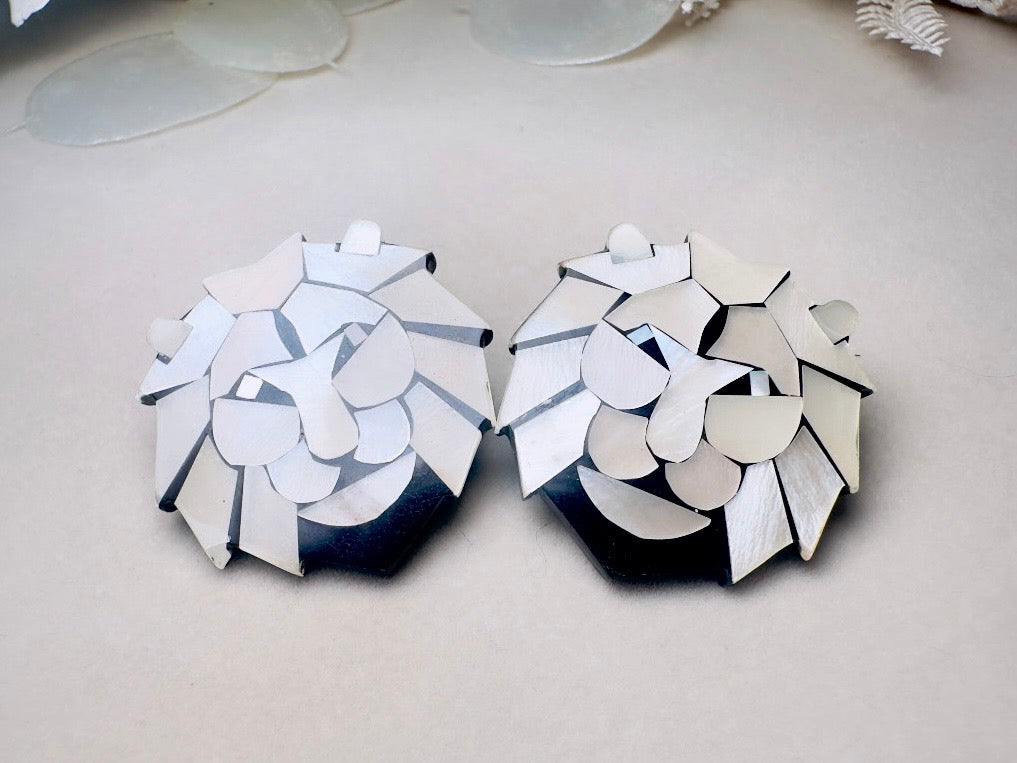 White Lion Earrings, Vintage Mother of Pearl Mosaic Earrings by Lee Sands, 1980s Natural Shell Lion Head Pierced Earrings
