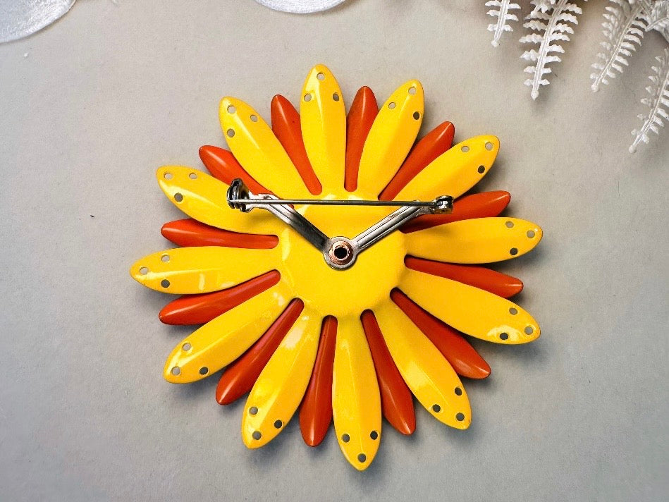 Huge Vintage Flower Brooch, Oversized 1960s Mod Flower Power Enamel Pin in Yellow Orange + Red, Colorful Floral Pin with Pearl Center