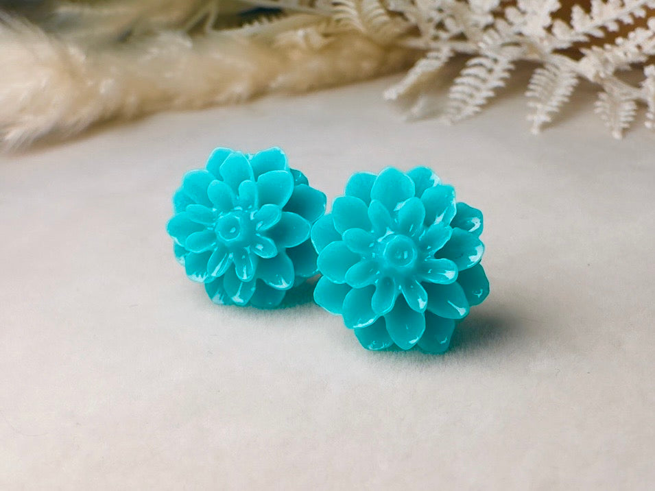 Turquoise Flower Earrings, Teal Chrysanthemum Post Earrings