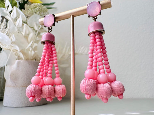 Pink Tassel Earrings, Bright Pink 1960s Earrings, Swinging 60s Vintage Earrings, Barbie Pink Mod Pop Beaded Fringe Pierced Fashion Earrings