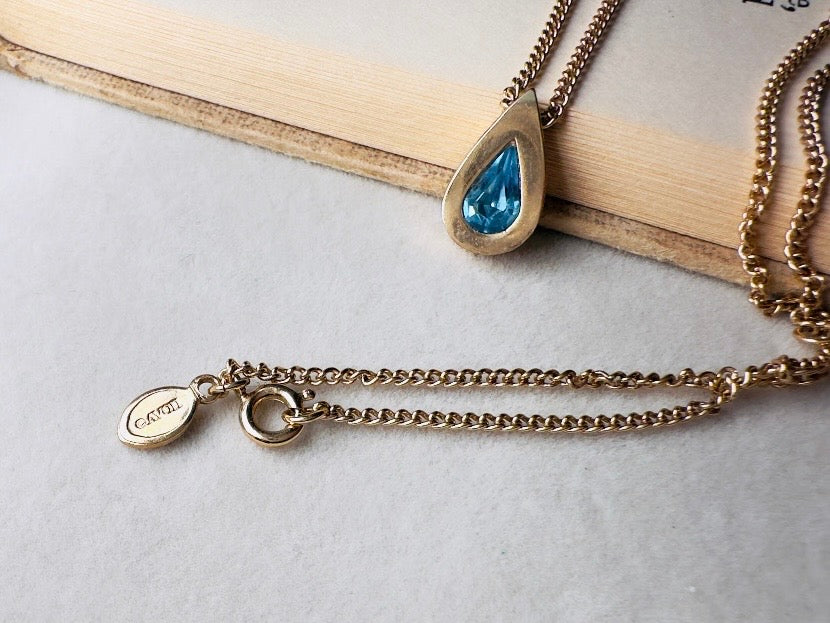 Aquamarine Birthstone Necklace, Vintage Austrian Crystal Blue Raindrop Pendant on Fine Gold Chain