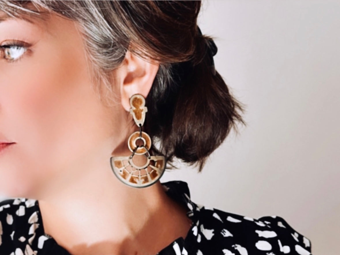 Bronze Black and Gold Berebi Earrings, 1980s Bohemian Chic Earrings, Dramatic Industrial Earrings, Pierced Enamel Statement Earrings