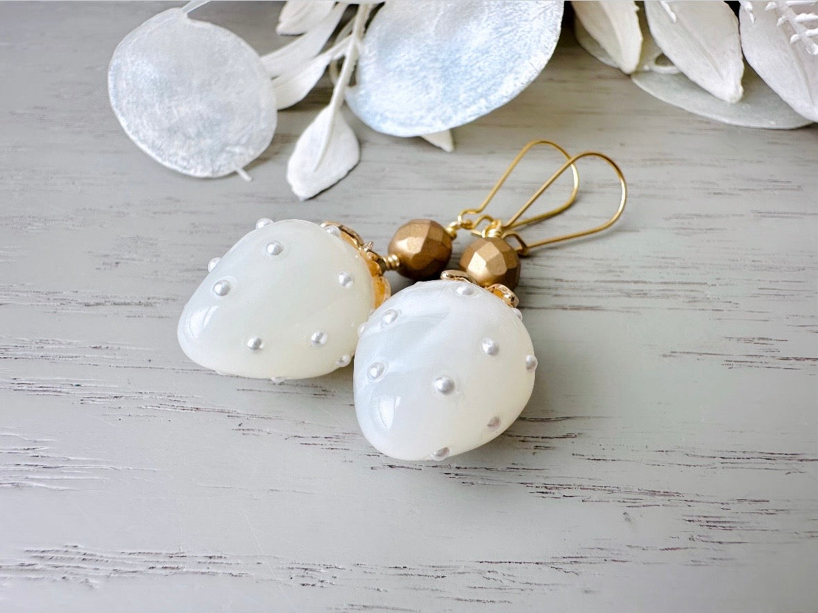 White Strawberry Earrings, Original Handmade 24k Gold + Glass Earrings, Large Pearl Strawberry Dangle Earrings, Unique Handmade Earrings