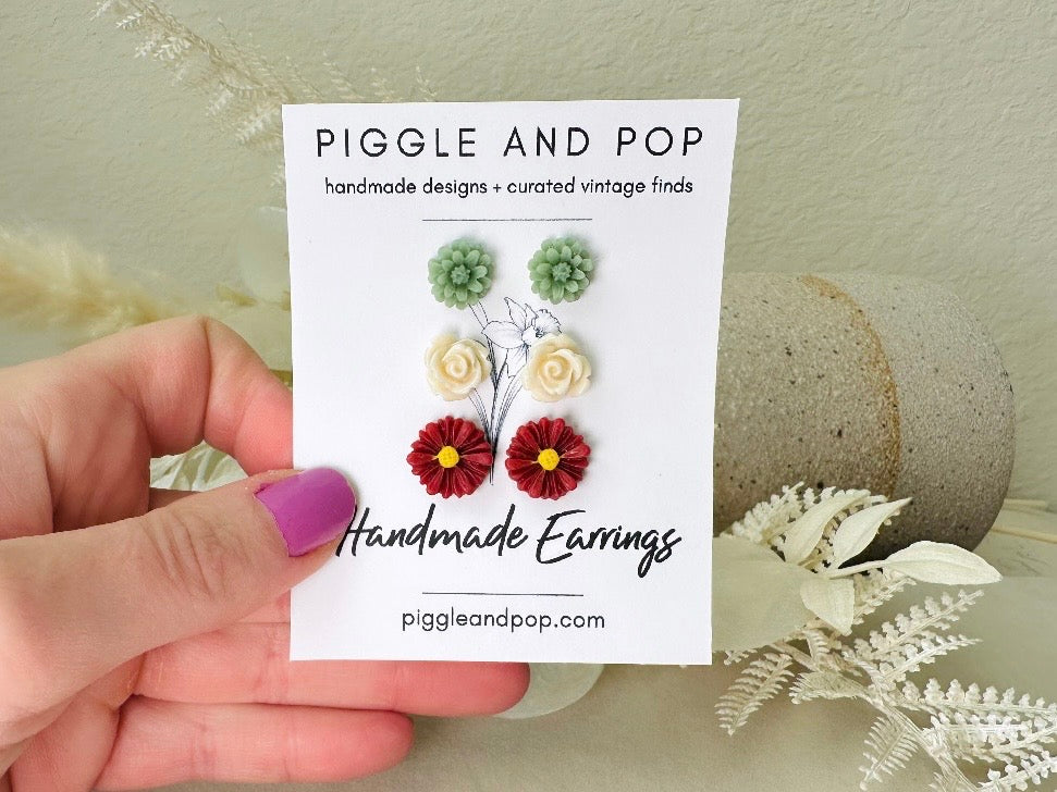 Floral Holiday Earring Set in Wine, Sage Green and Cream, Handmade Hypoallergenic Surgical Steel Post Earring Gift Set 