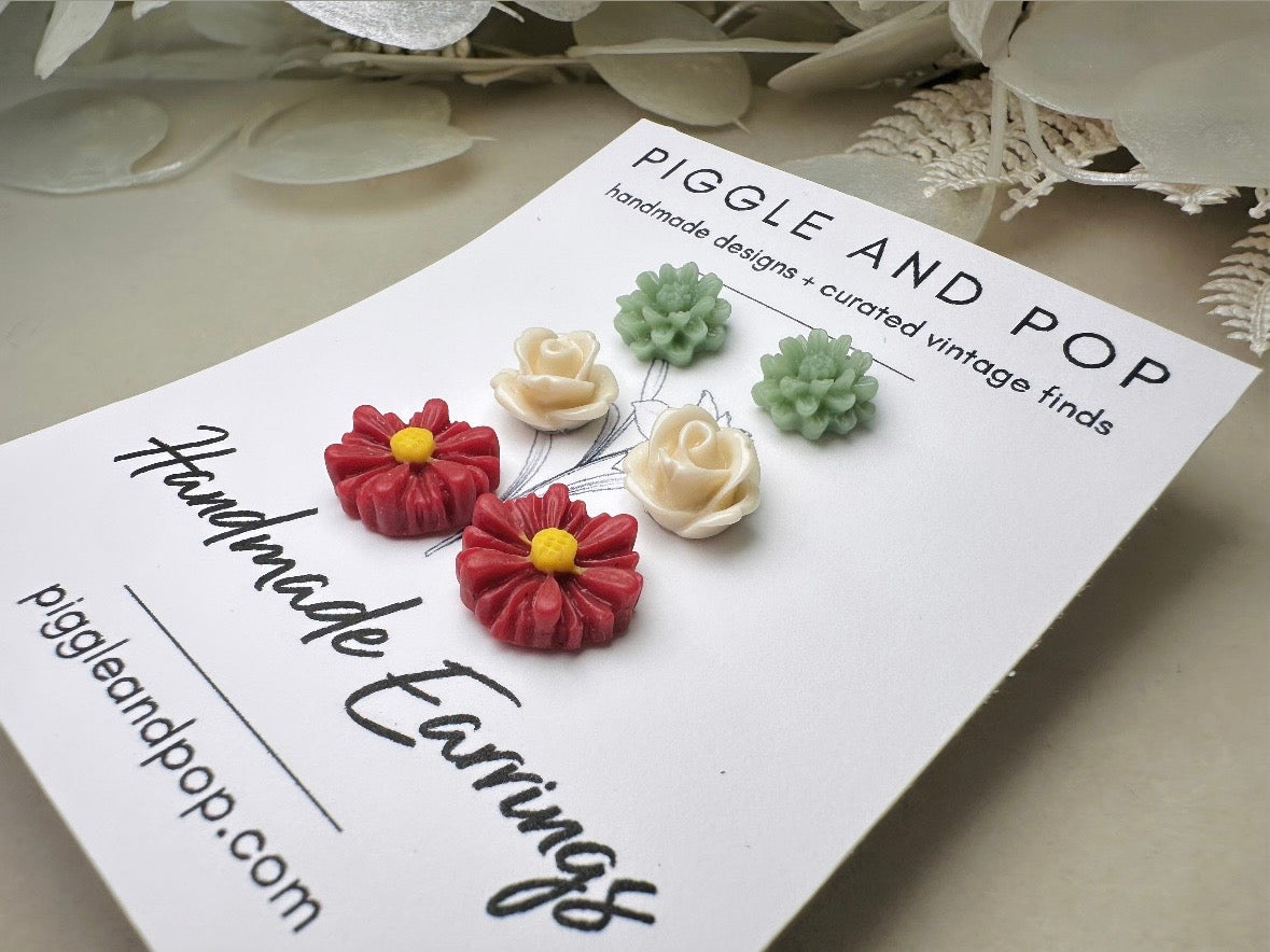 Floral Holiday Earring Set in Wine, Sage Green and Cream, Handmade Hypoallergenic Surgical Steel Post Earring Gift Set 