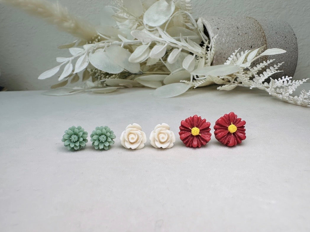 Floral Holiday Earring Set in Wine, Sage Green and Cream, Handmade Hypoallergenic Surgical Steel Post Earring Gift Set 