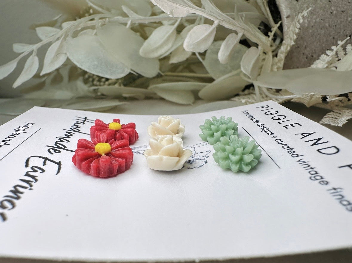 Floral Holiday Earring Set in Wine, Sage Green and Cream, Handmade Hypoallergenic Surgical Steel Post Earring Gift Set 
