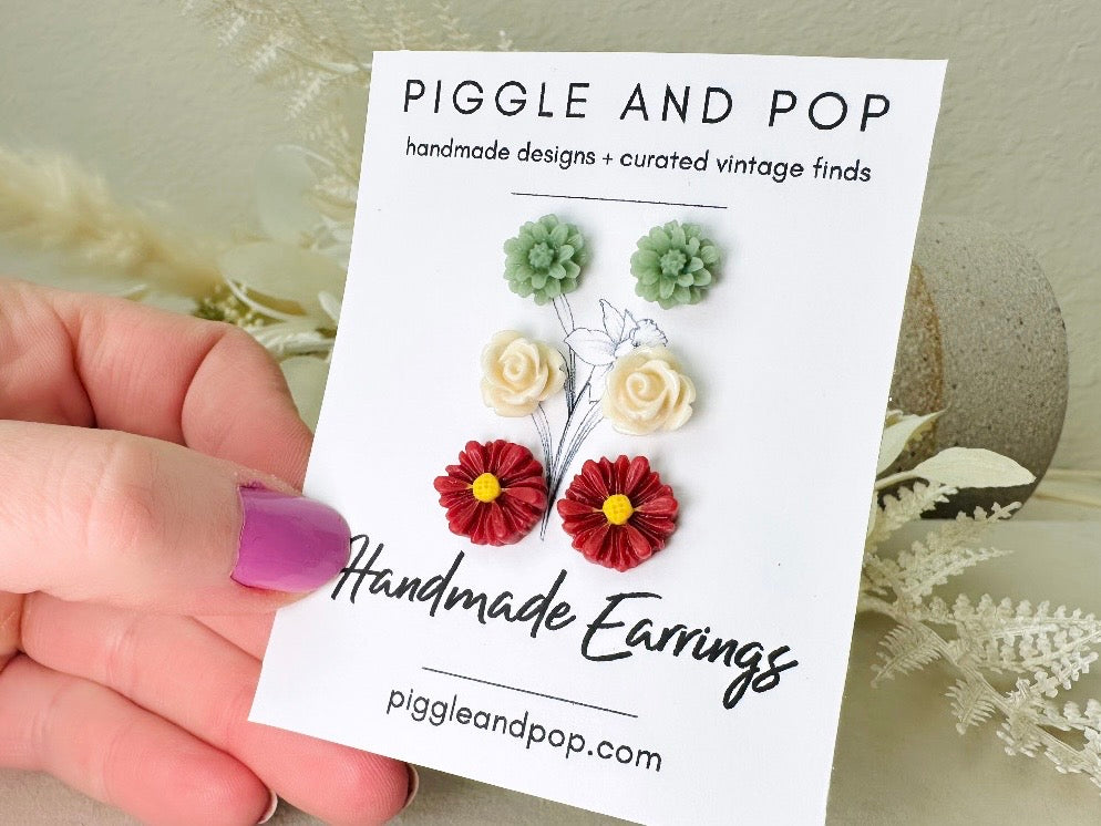 Floral Holiday Earring Set in Wine, Sage Green and Cream, Handmade Hypoallergenic Surgical Steel Post Earring Gift Set 
