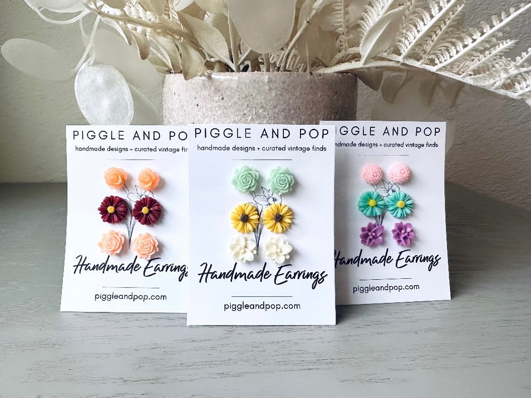Floral Holiday Earring Set in Wine, Sage Green and Cream, Handmade Hypoallergenic Surgical Steel Post Earring Gift Set 