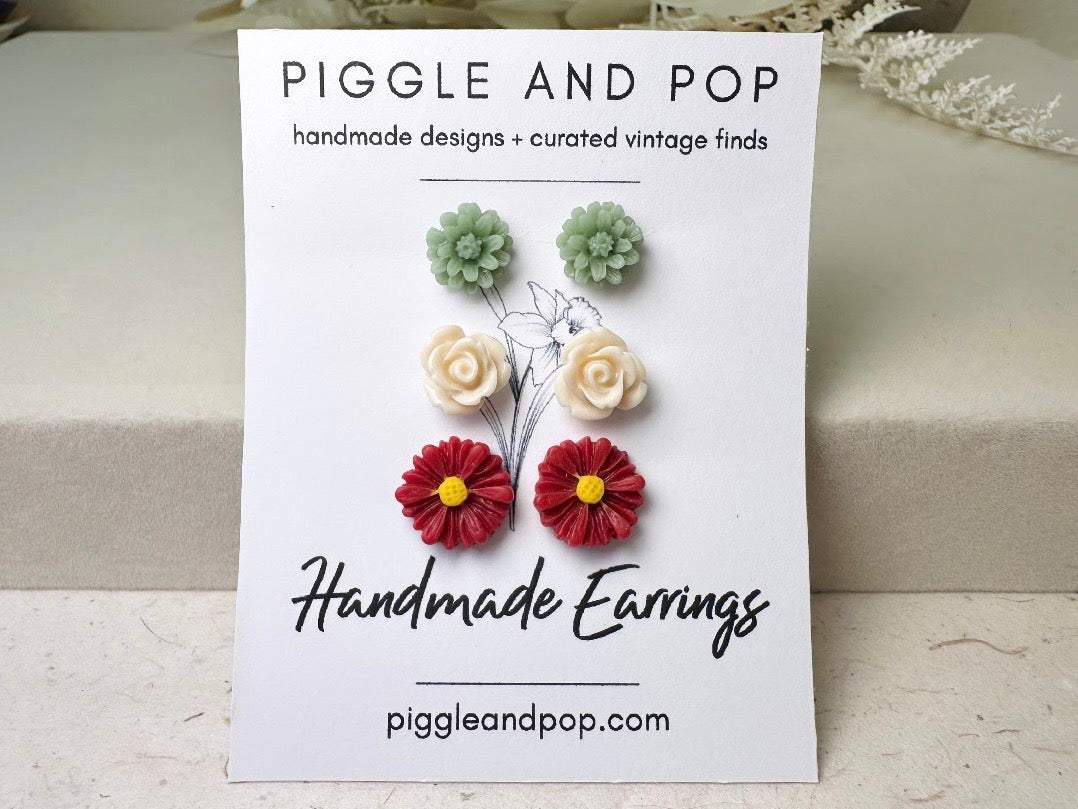 Floral Holiday Earring Set in Wine, Sage Green and Cream, Handmade Hypoallergenic Surgical Steel Post Earring Gift Set for Her