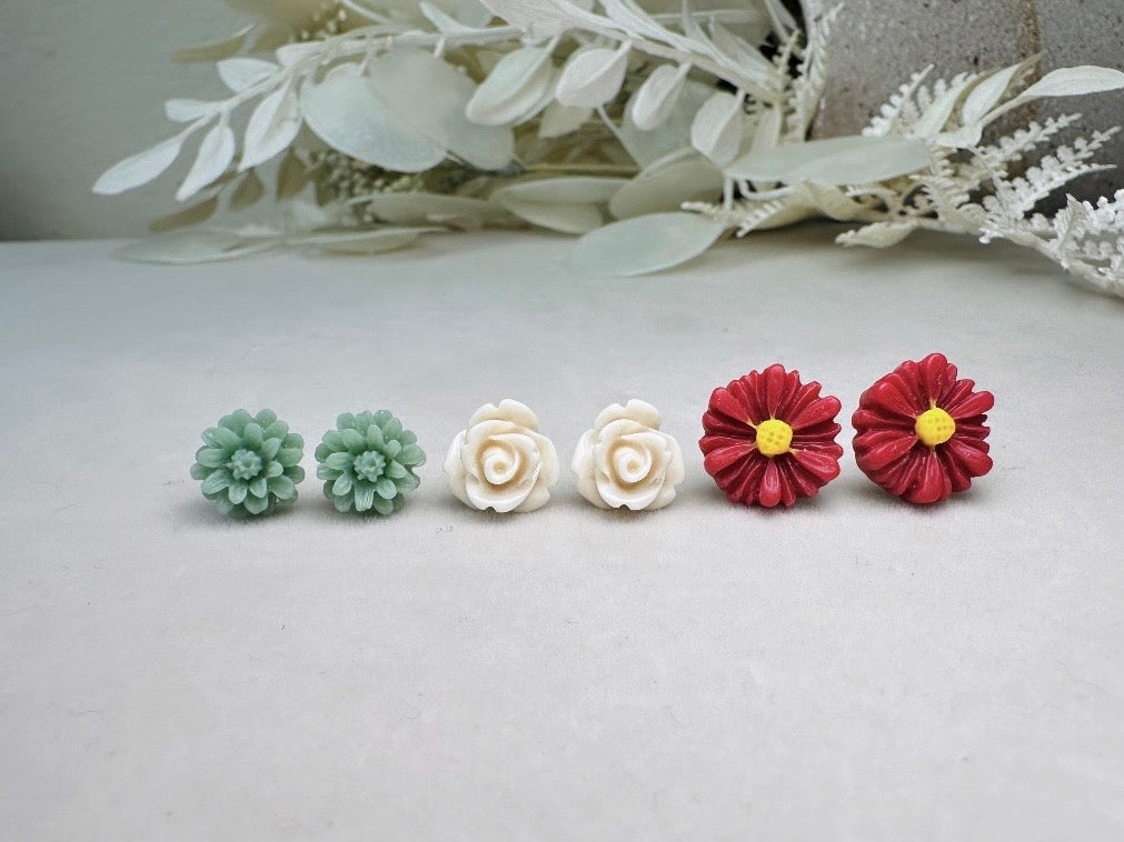 Floral Holiday Earring Set in Wine, Sage Green and Cream, Handmade Hypoallergenic Surgical Steel Post Earring Gift Set for Her