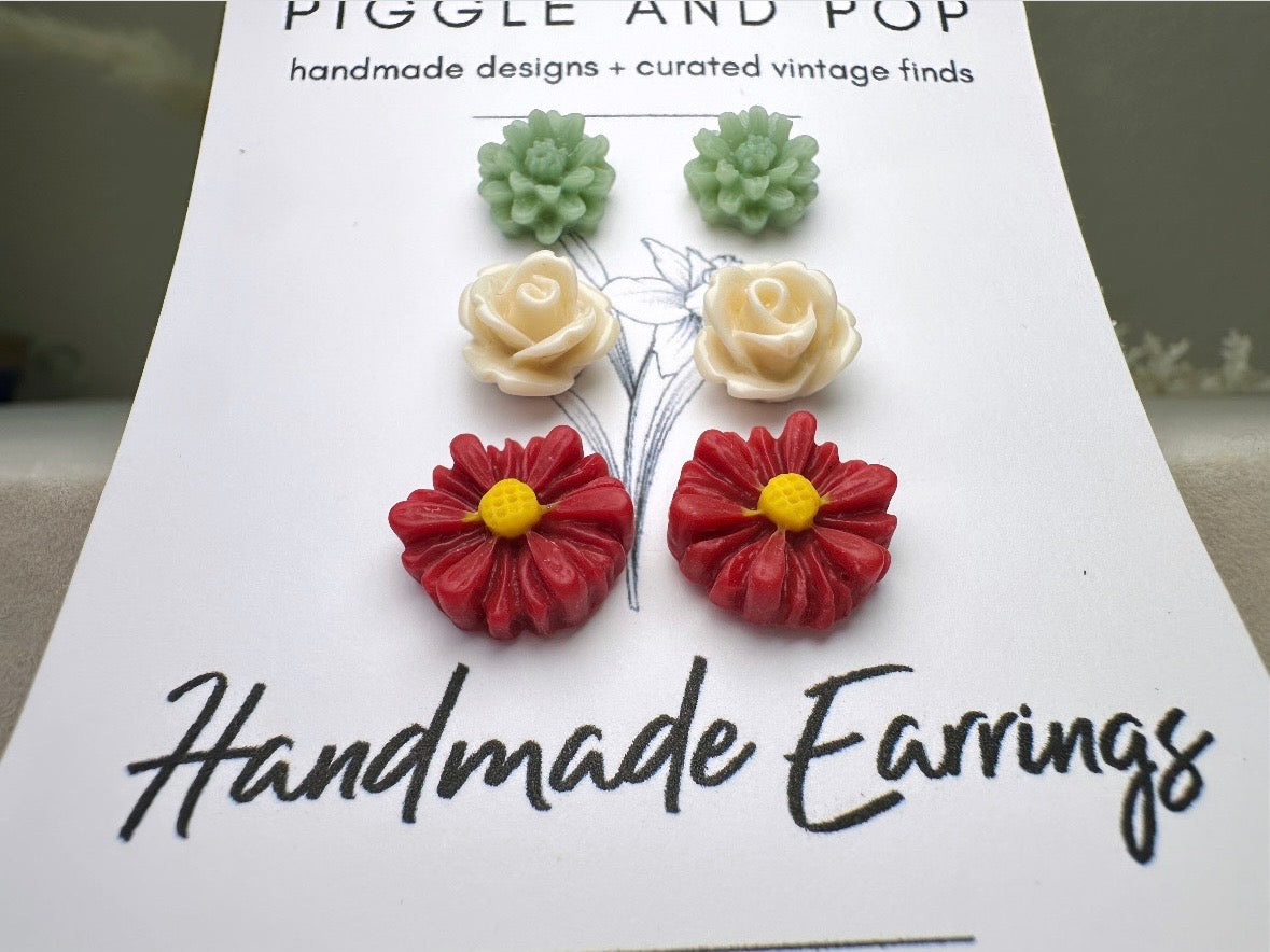 Floral Holiday Earring Set in Wine, Sage Green and Cream, Handmade Hypoallergenic Surgical Steel Post Earring Gift Set for Her
