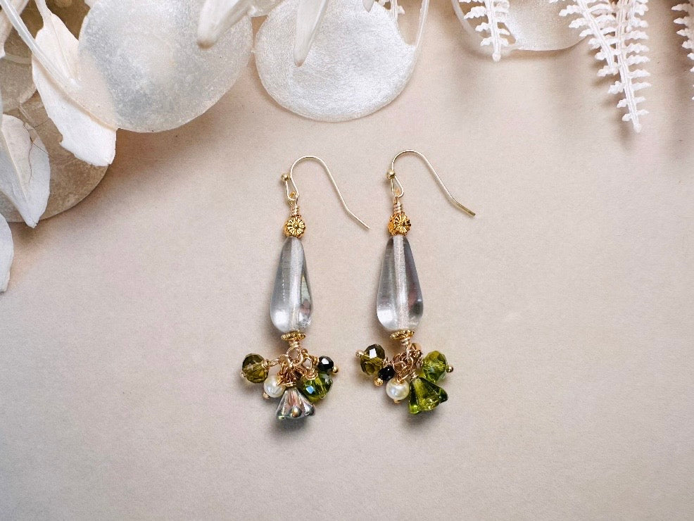 Flower Charm Earrings, Whimsical Handmade Dichroic Teardrop Earrings with Green Bell Flowers, 14k Raindrops and Crystals