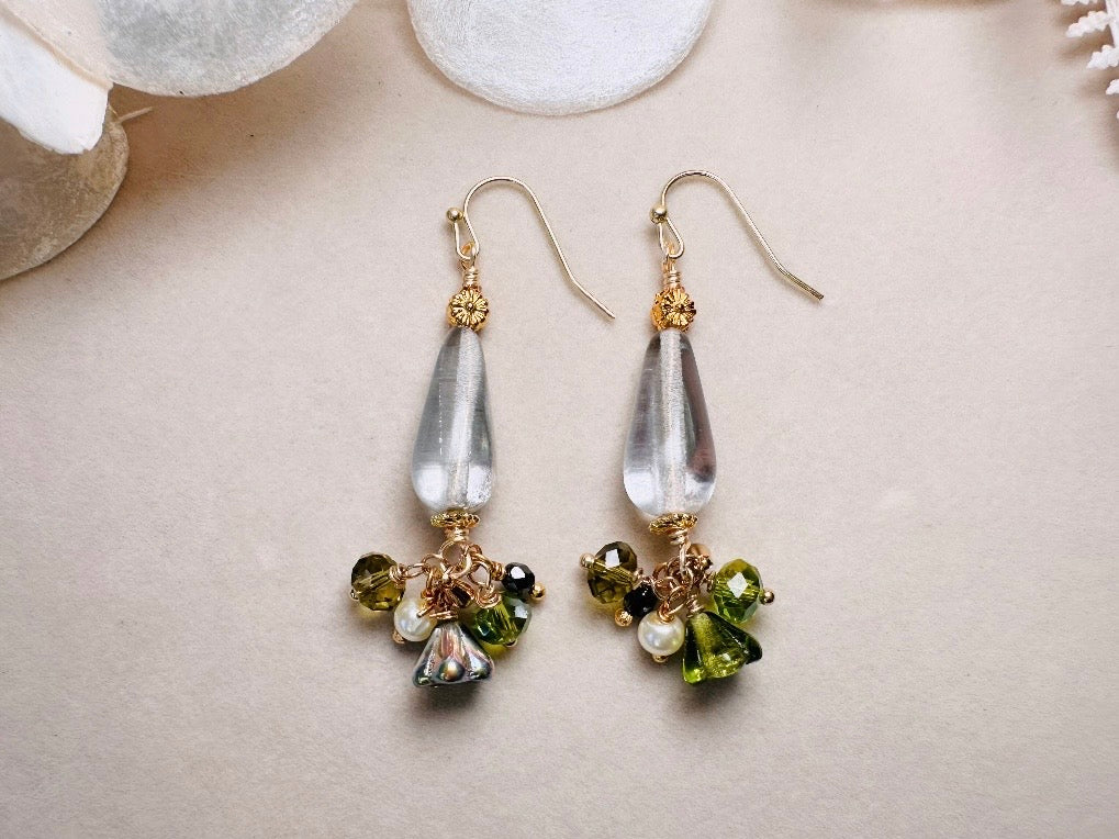Flower Charm Earrings, Whimsical Handmade Dichroic Teardrop Earrings with Green Bell Flowers, 14k Raindrops and Crystals