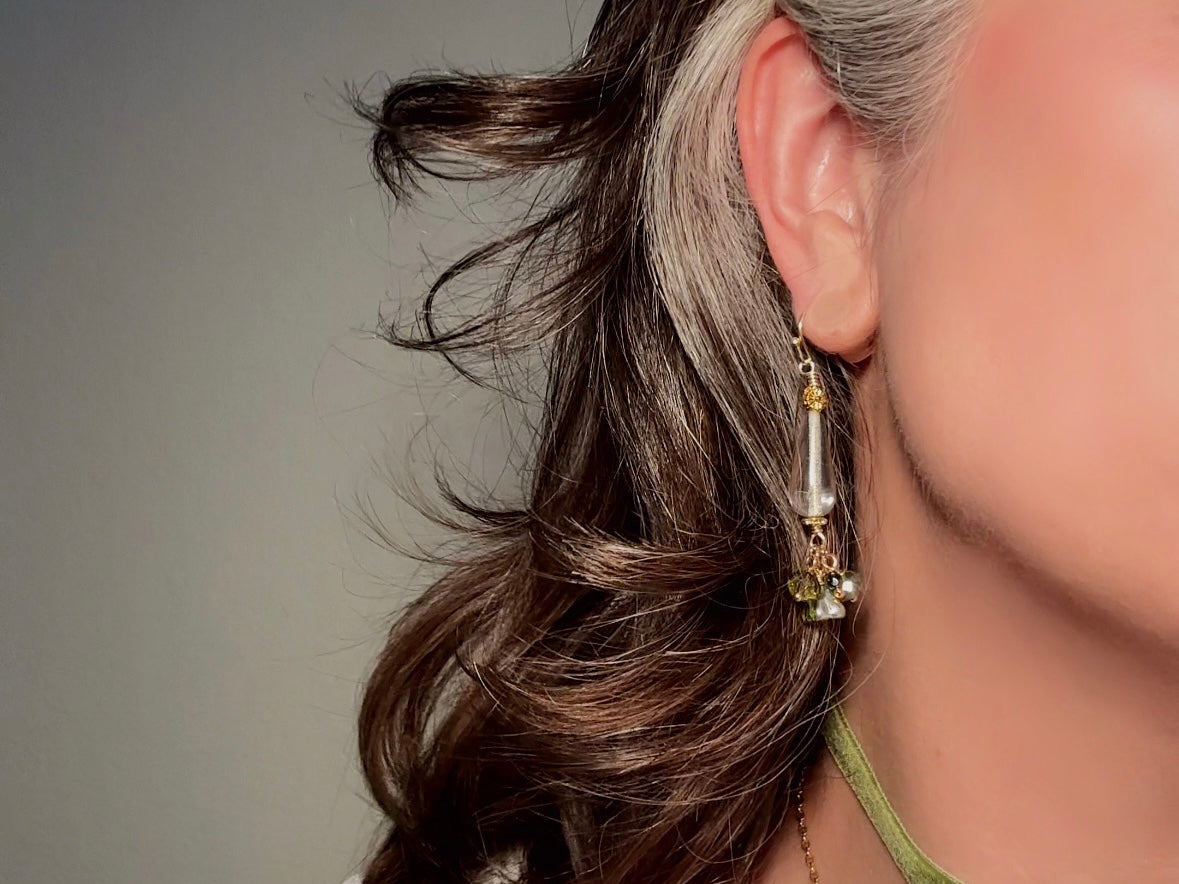 Flower Charm Earrings, Whimsical Handmade Dichroic Teardrop Earrings with Green Bell Flowers, 14k Raindrops and Crystals