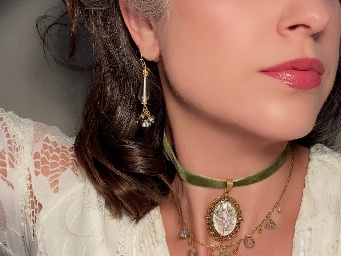 Flower Charm Earrings, Whimsical Handmade Dichroic Teardrop Earrings with Green Bell Flowers, 14k Raindrops and Crystals