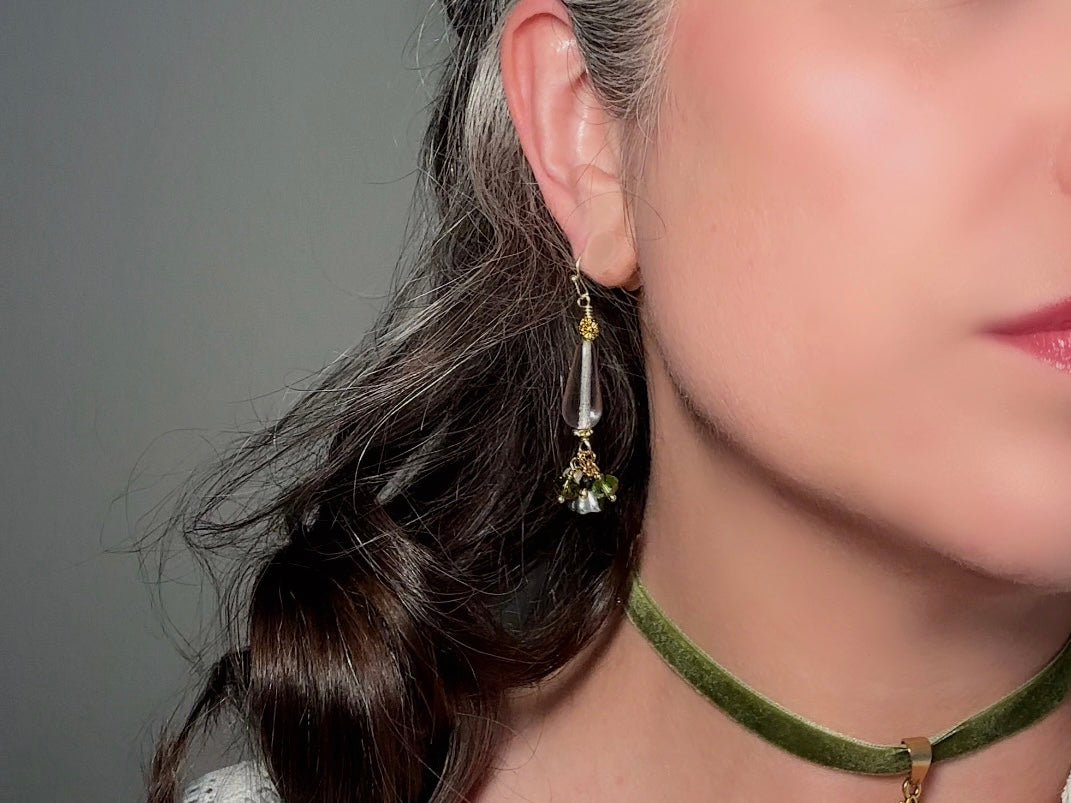Flower Charm Earrings, Whimsical Handmade Dichroic Teardrop Earrings with Green Bell Flowers, 14k Raindrops and Crystals