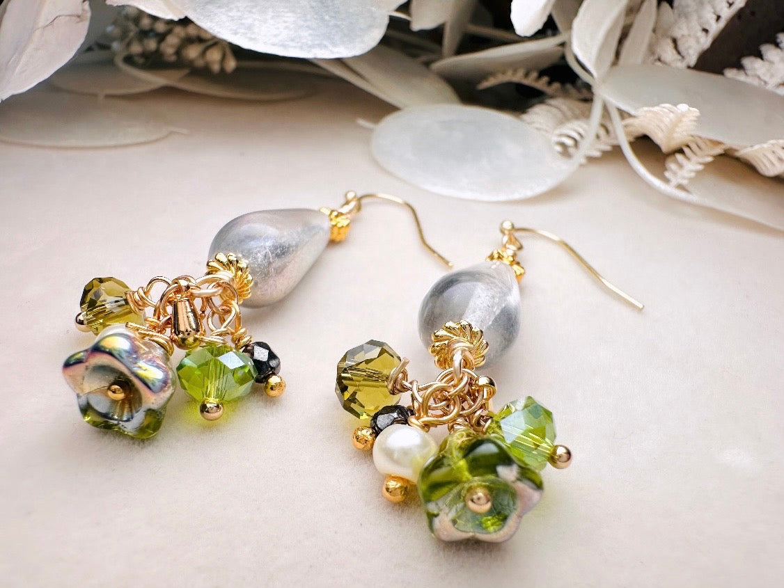 Flower Charm Earrings, Whimsical Handmade Dichroic Teardrop Earrings with Green Bell Flowers, 14k Raindrops and Crystals