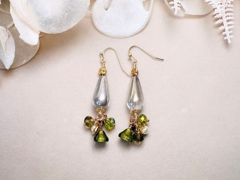 Flower Charm Earrings, Whimsical Handmade Dichroic Teardrop Earrings with Green Bell Flowers, 14k Raindrops and Crystals