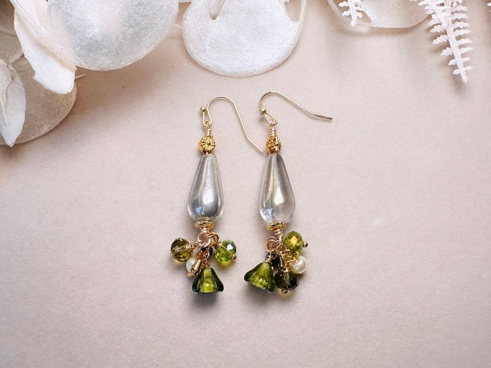 Flower Charm Earrings, Whimsical Handmade Dichroic Teardrop Earrings with Green Bell Flowers, 14k Raindrops and Crystals