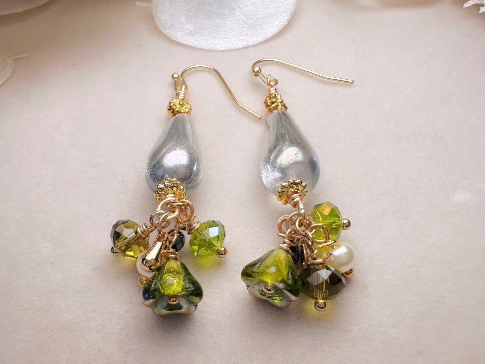 Flower Charm Earrings, Whimsical Handmade Dichroic Teardrop Earrings with Green Bell Flowers, 14k Raindrops and Crystals