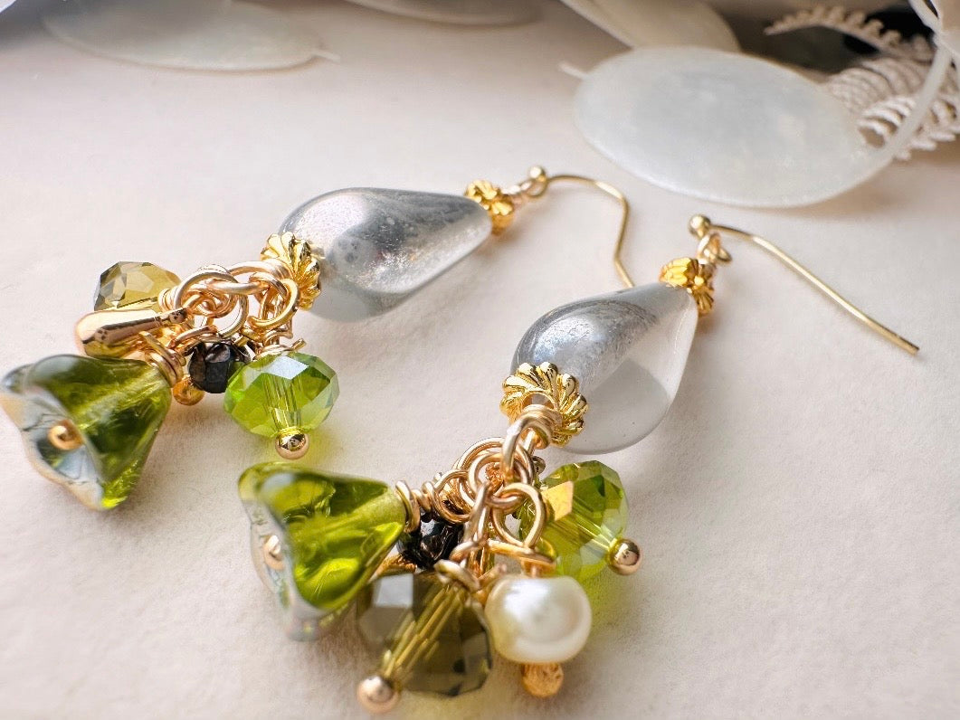 Flower Charm Earrings, Whimsical Handmade Dichroic Teardrop Earrings with Green Bell Flowers, 14k Raindrops and Crystals
