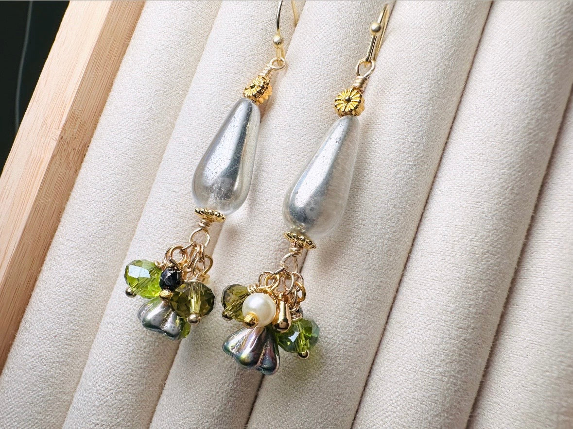 Flower Charm Earrings, Whimsical Handmade Dichroic Teardrop Earrings with Green Bell Flowers, 14k Raindrops and Crystals