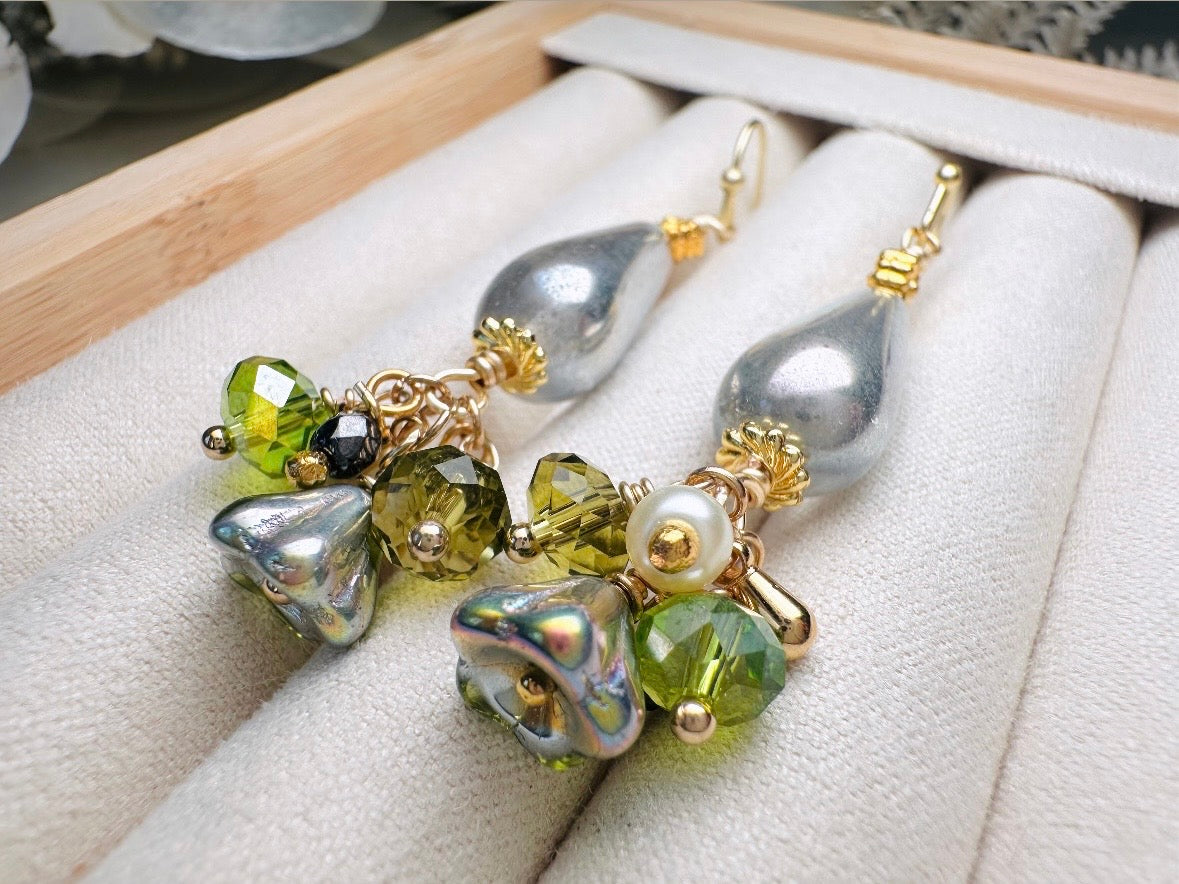 Flower Charm Earrings, Whimsical Handmade Dichroic Teardrop Earrings with Green Bell Flowers, 14k Raindrops and Crystals