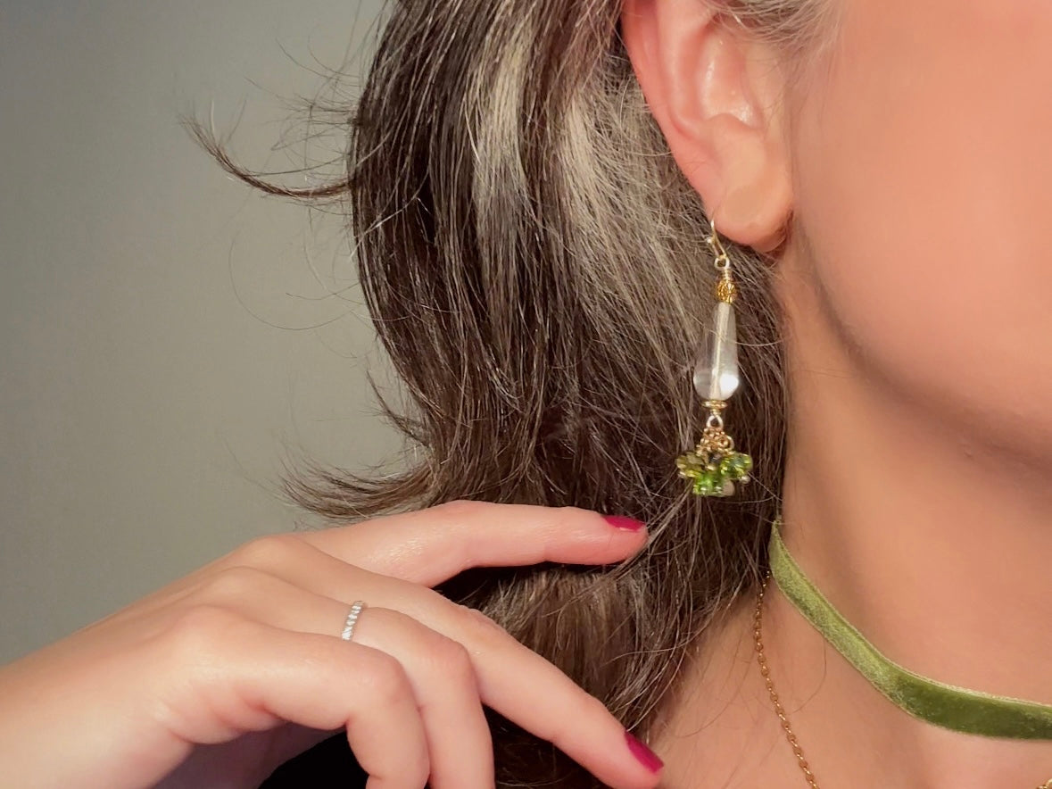 Flower Charm Earrings, Whimsical Handmade Dichroic Teardrop Earrings with Green Bell Flowers, 14k Raindrops and Crystals