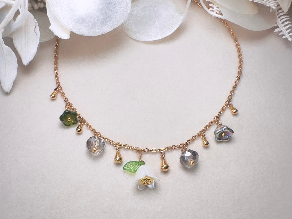 Flower Charm Necklace, Whimsical Handmade Necklace with Green and White Bell Flowers, 14k Raindrops and Crystals