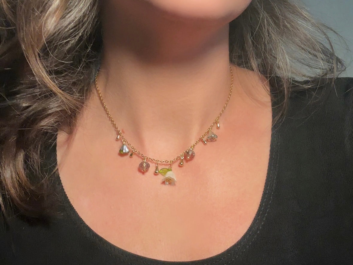 Flower Charm Necklace, Whimsical Handmade Necklace with Green and White Bell Flowers, 14k Raindrops and Crystals