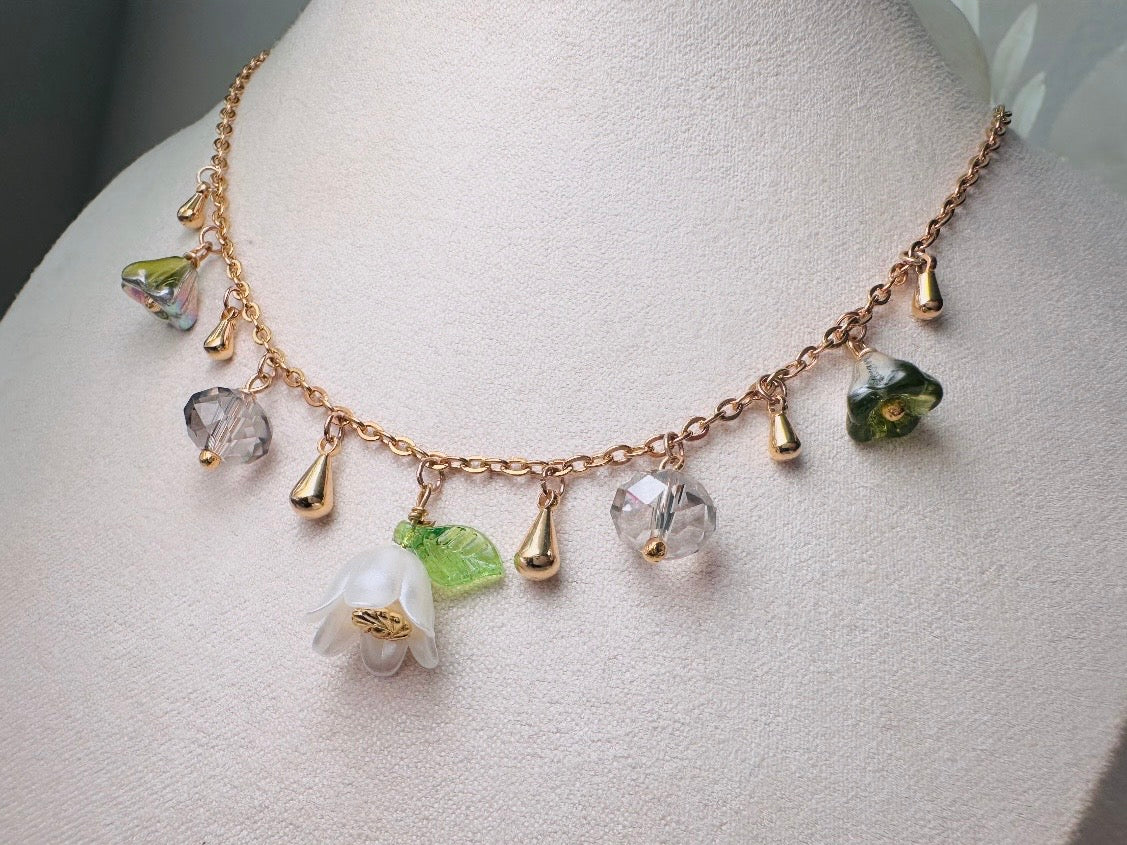 Flower Charm Necklace, Whimsical Handmade Necklace with Green and White Bell Flowers, 14k Raindrops and Crystals