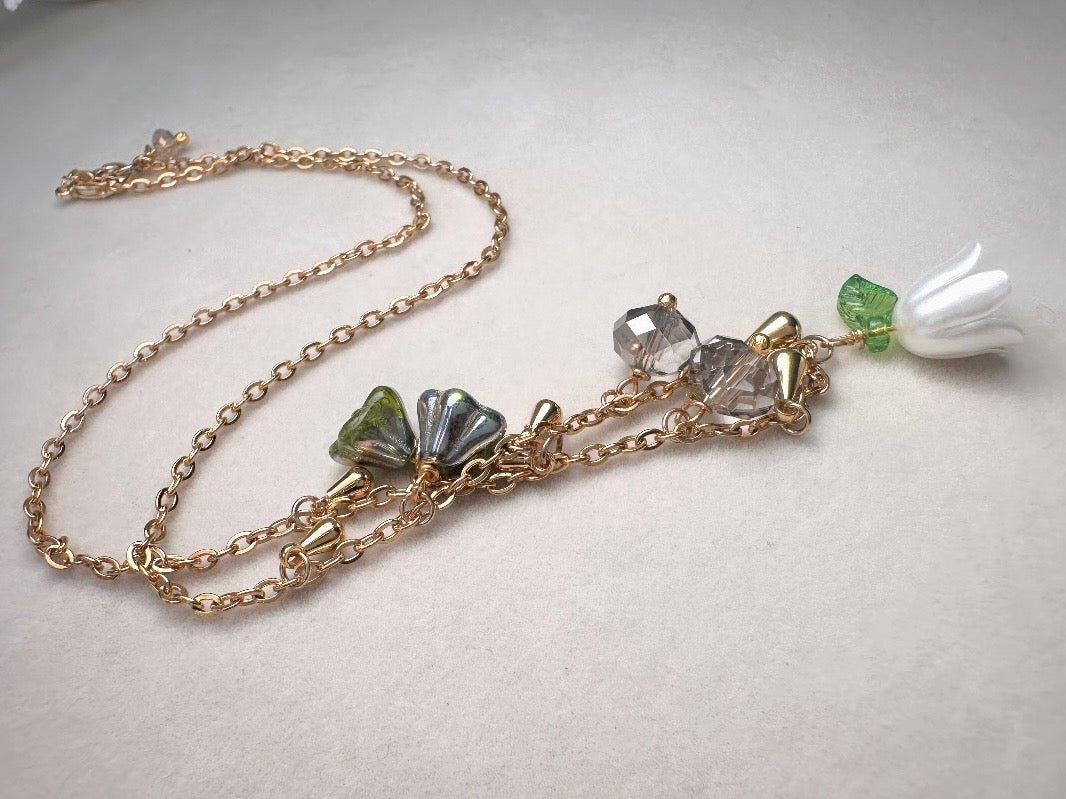Flower Charm Necklace, Whimsical Handmade Necklace with Green and White Bell Flowers, 14k Raindrops and Crystals