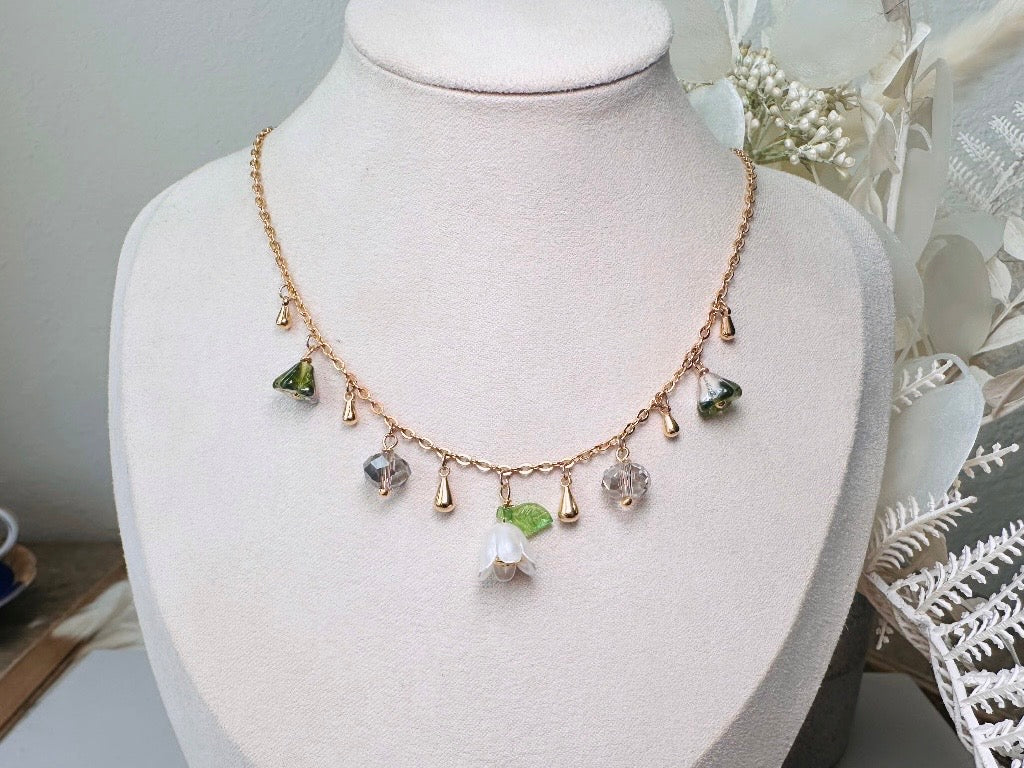 Flower Charm Necklace, Whimsical Handmade Necklace with Green and White Bell Flowers, 14k Raindrops and Crystals